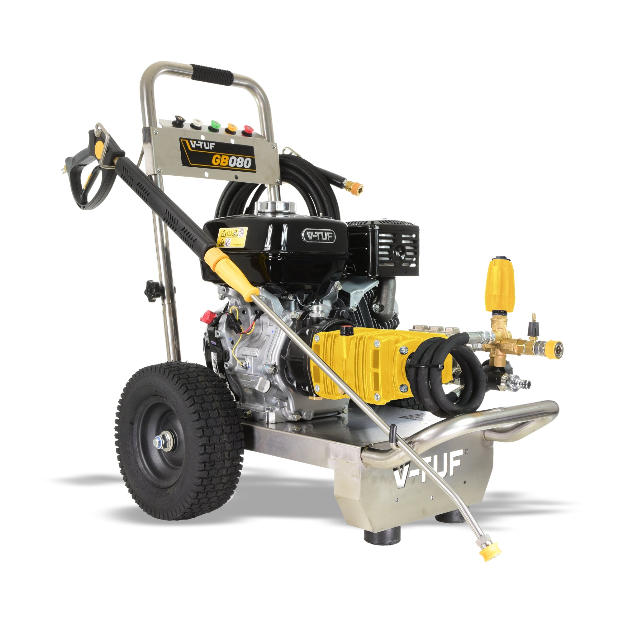 V-TUF GB080XP 9HP Honda gearbox pressure washer with XP pump and XP hose gun lance, front view