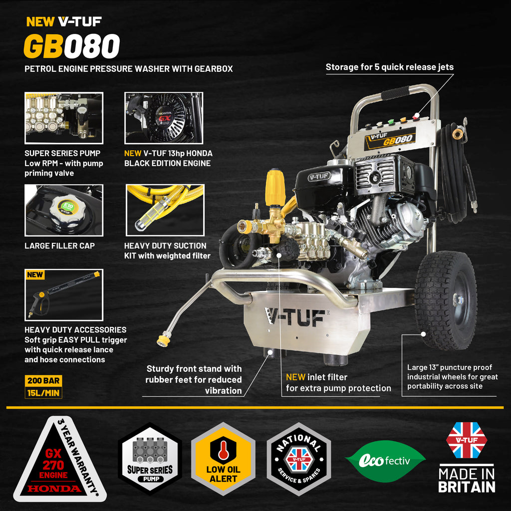 V-TUF GB080 gearbox petrol washer angle view showing stainless frame and hose reel