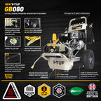 V-TUF GB080 gearbox petrol washer angle view showing stainless frame and hose reel