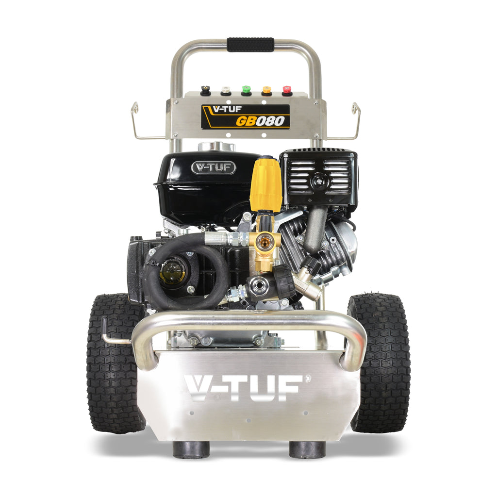 V-TUF GB080 pressure washer spec plate showing 200 Bar 15L/min Honda 9HP rating
