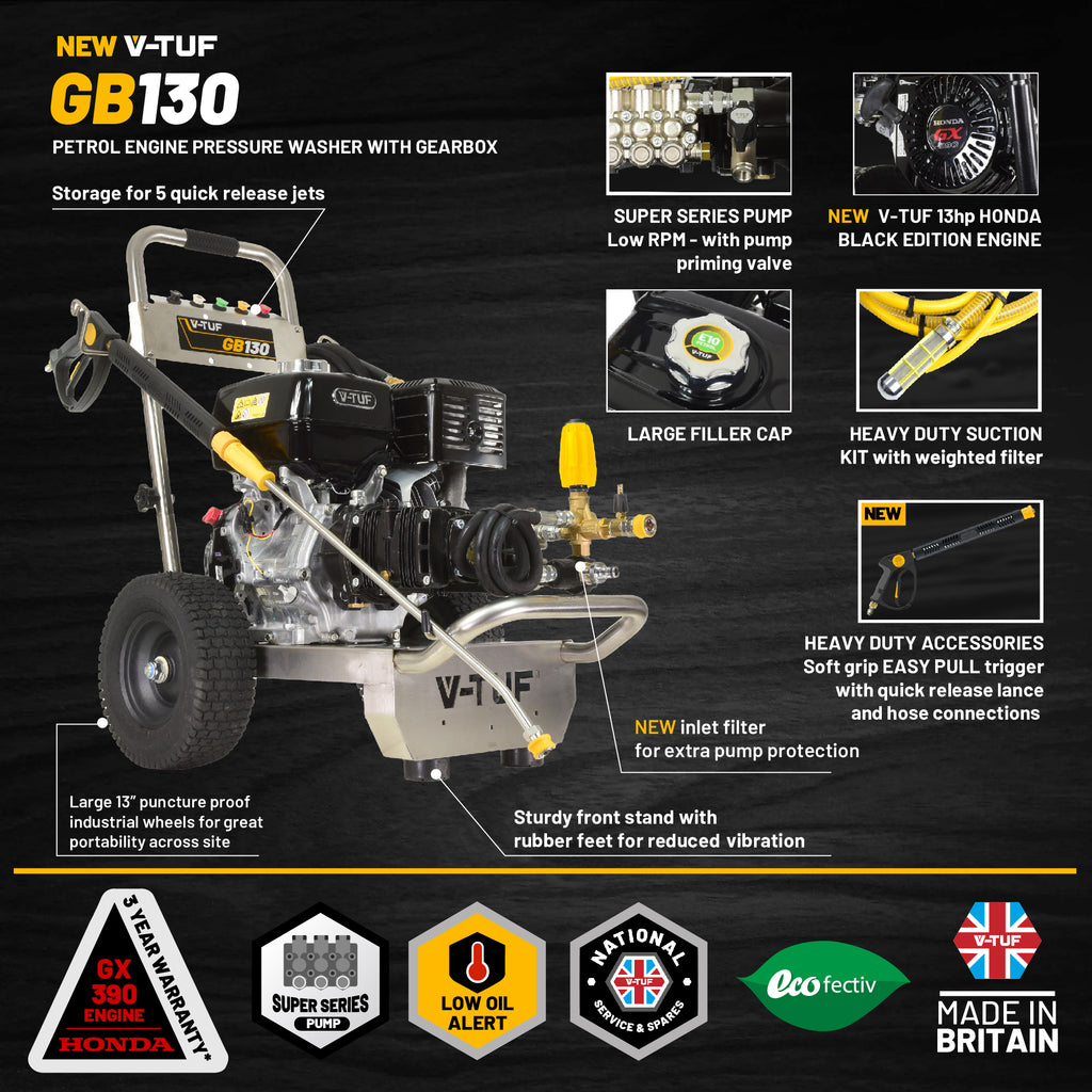 V-TUF GB130 side view showing Honda GX390 engine, gearbox and 250 Bar pump