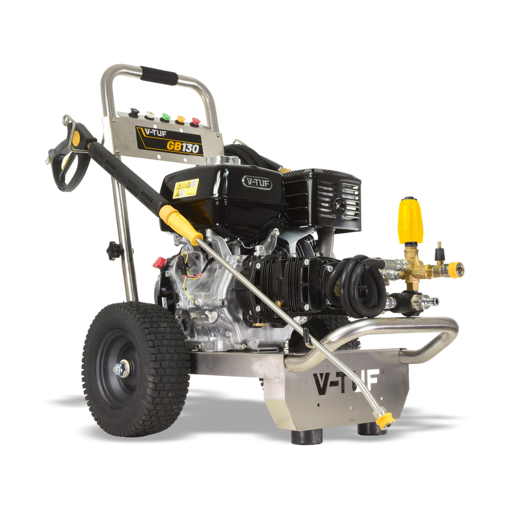 V-TUF GB130 angle view showing stainless frame, hose reel and Honda 13HP engine