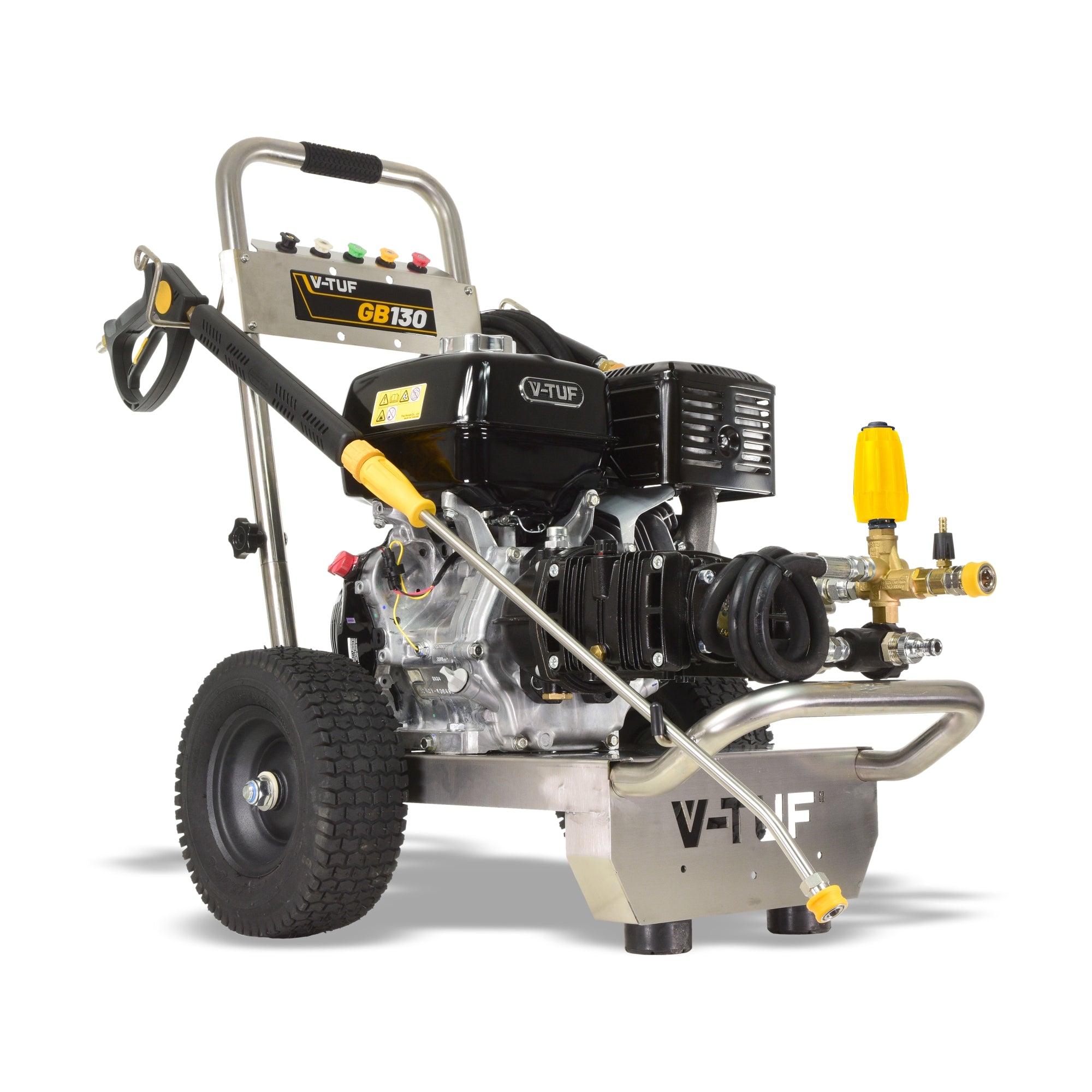 V-TUF GB130 angle view showing stainless frame, hose reel and Honda 13HP engine