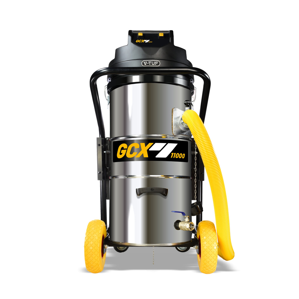 V-TUF GCX11000 cyclone vacuum close-up showing side entry port and motor head