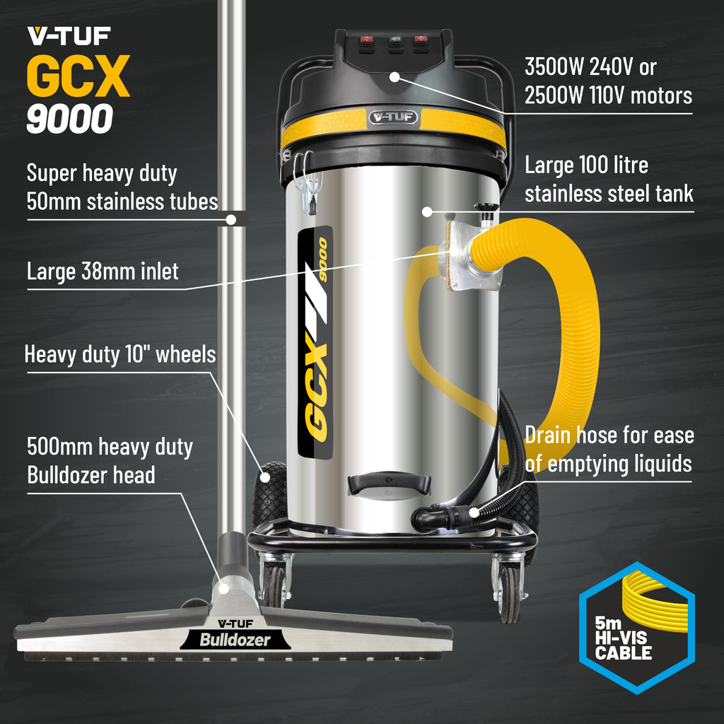 V-TUF GCX9000 110V vacuum close-up showing 100L drum and side entry cyclone port