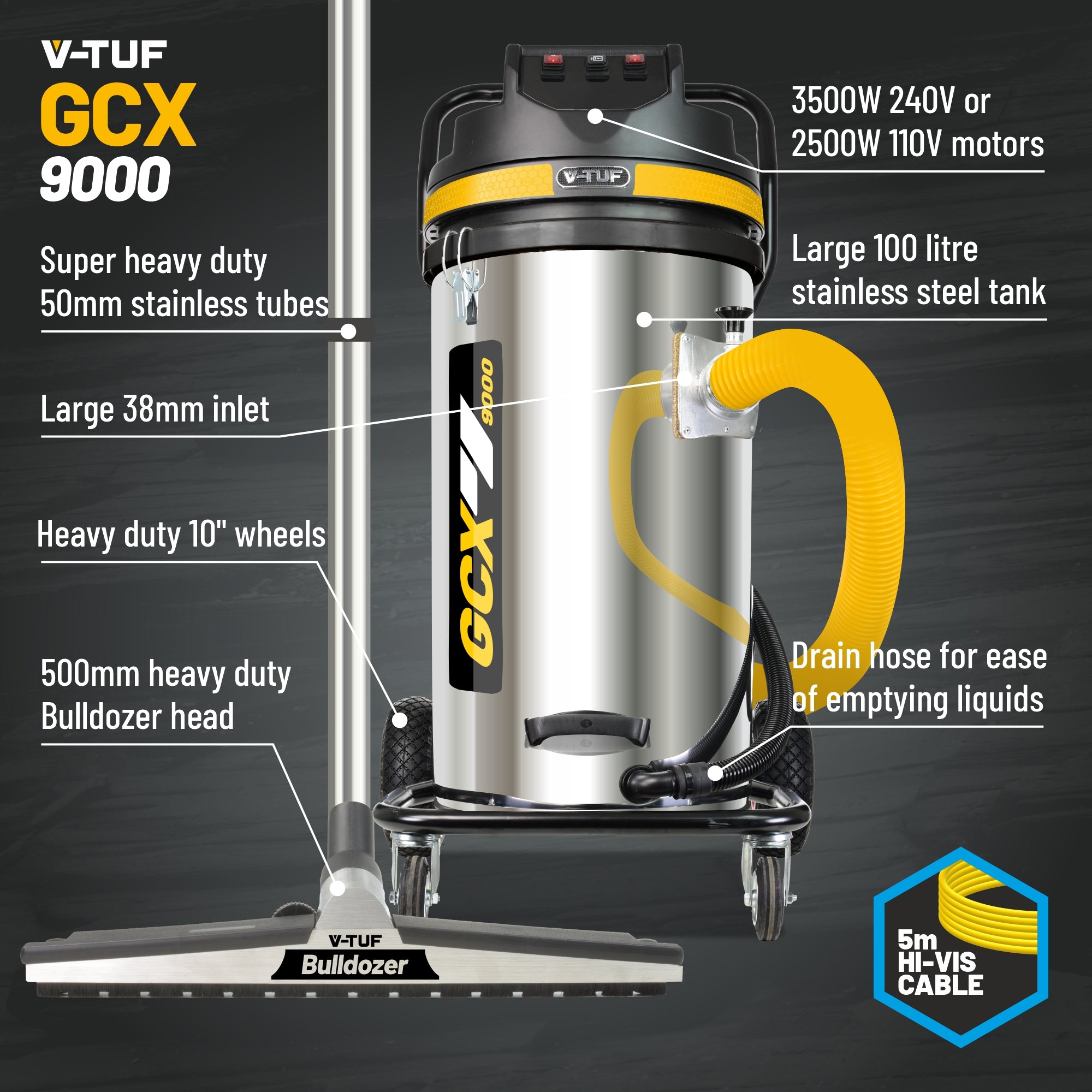 V-TUF GCX9000 110V vacuum close-up showing 100L drum and side entry cyclone port