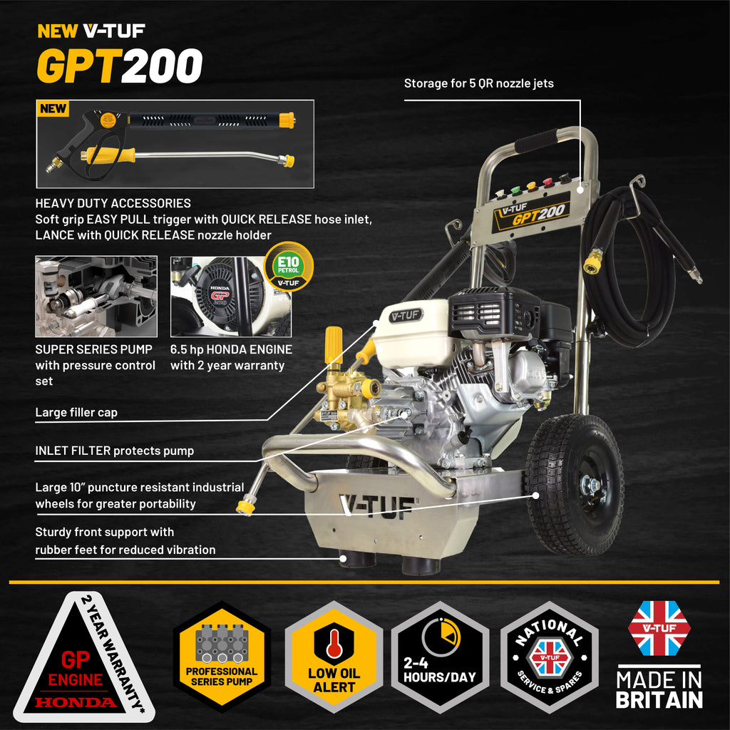 V-TUF GPT200 petrol pressure washer side view showing Honda GX200 engine and pump