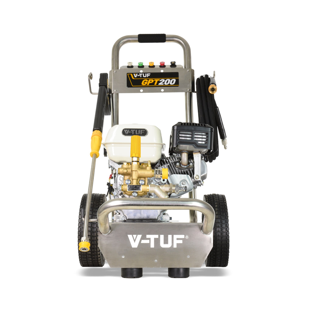V-TUF GPT200 rear view showing water inlet, unloader and wheel assembly