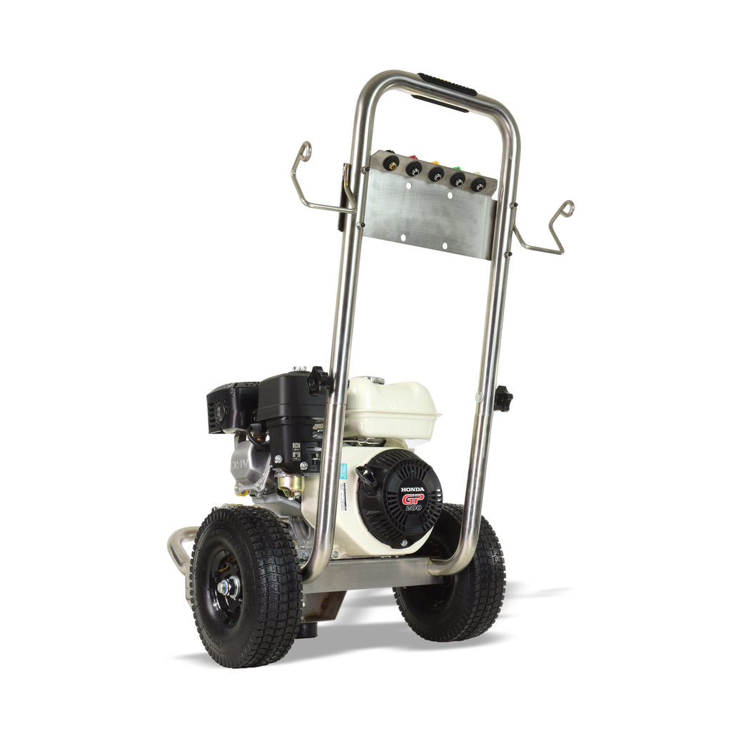 V-TUF GPT200 pressure washer top view showing Honda GP200 engine layout and hose storage