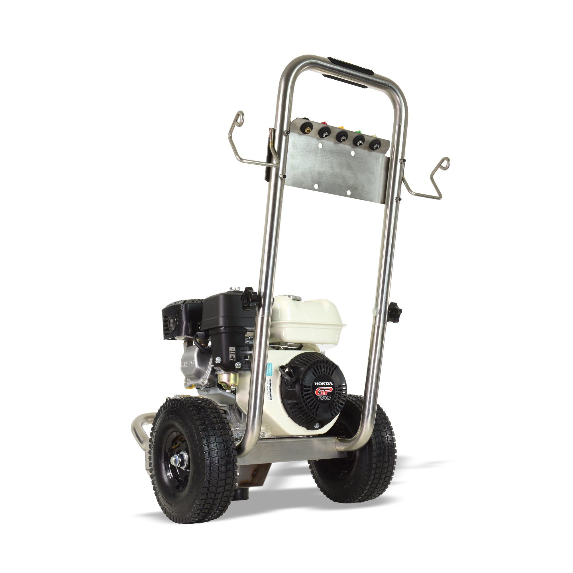 V-TUF GPT200 pressure washer top view showing Honda GP200 engine layout and hose storage