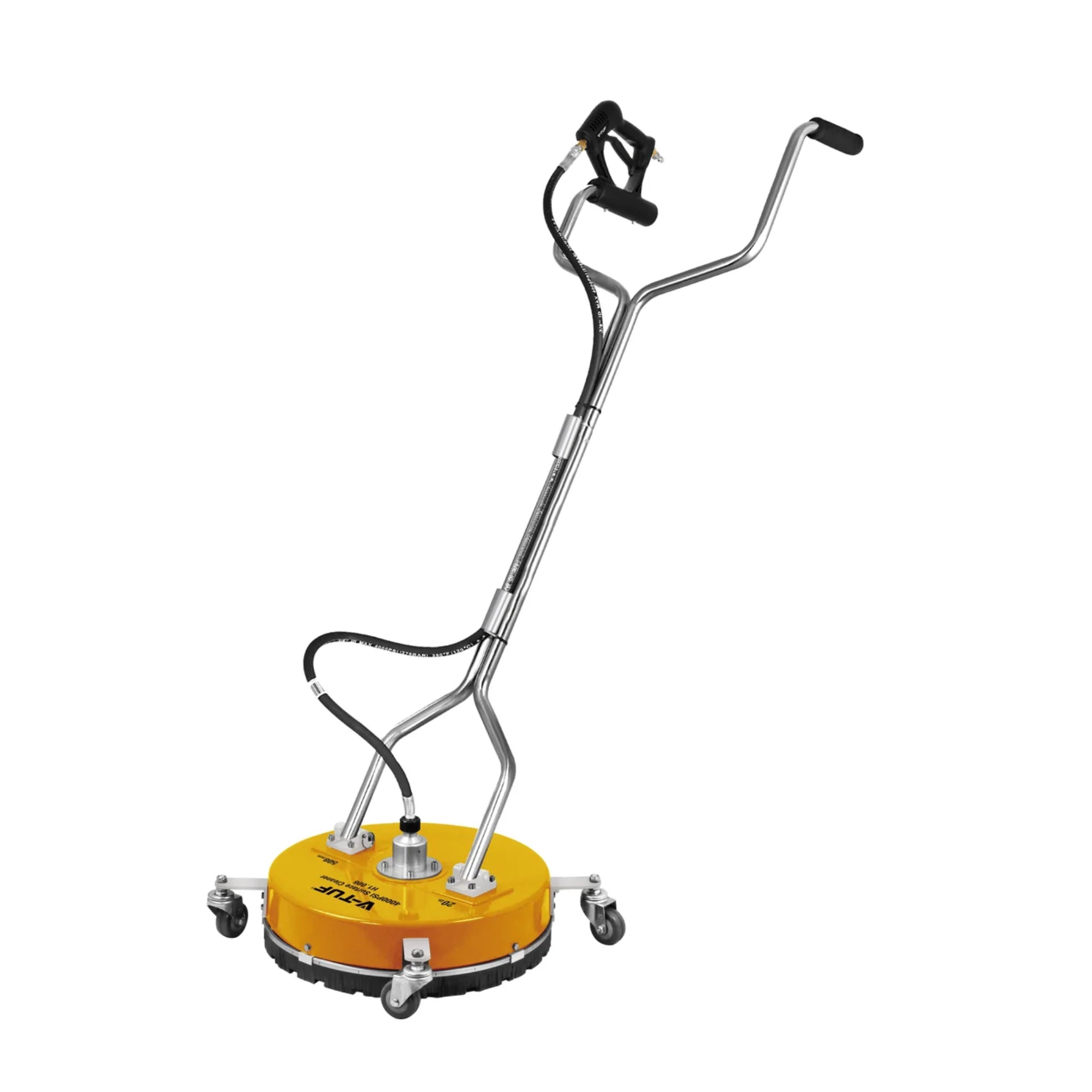 A wet/dry floor cleaner machine with a bright yellow circular base, silver metal handlebars, and black wheels, shown on a plain white background.
