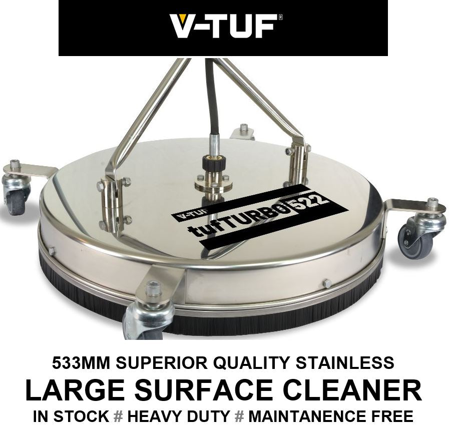 V-TUF H1.007TTM22 tufTURBO 21 inch surface cleaner side view showing M22 screw inlet and castor wheels