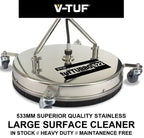 V-TUF H1.007TTM22 tufTURBO 21 inch surface cleaner side view showing M22 screw inlet and castor wheels
