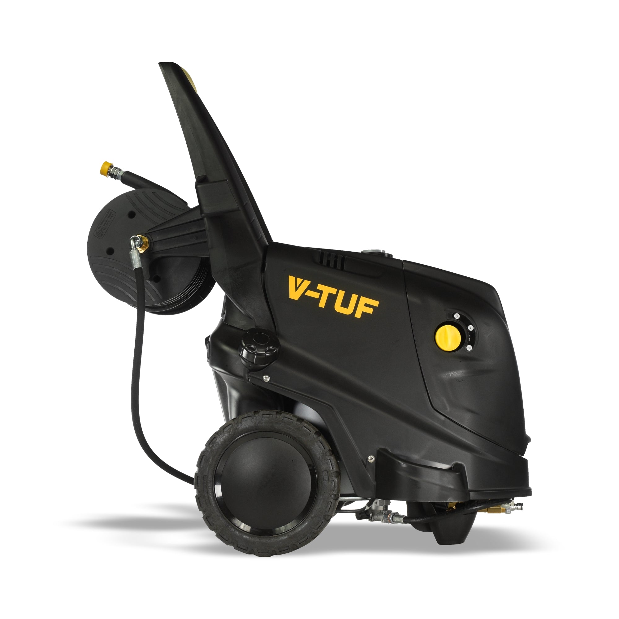 V-TUF HD140HOT hot water washer angle view showing hose reel, burner and control panel