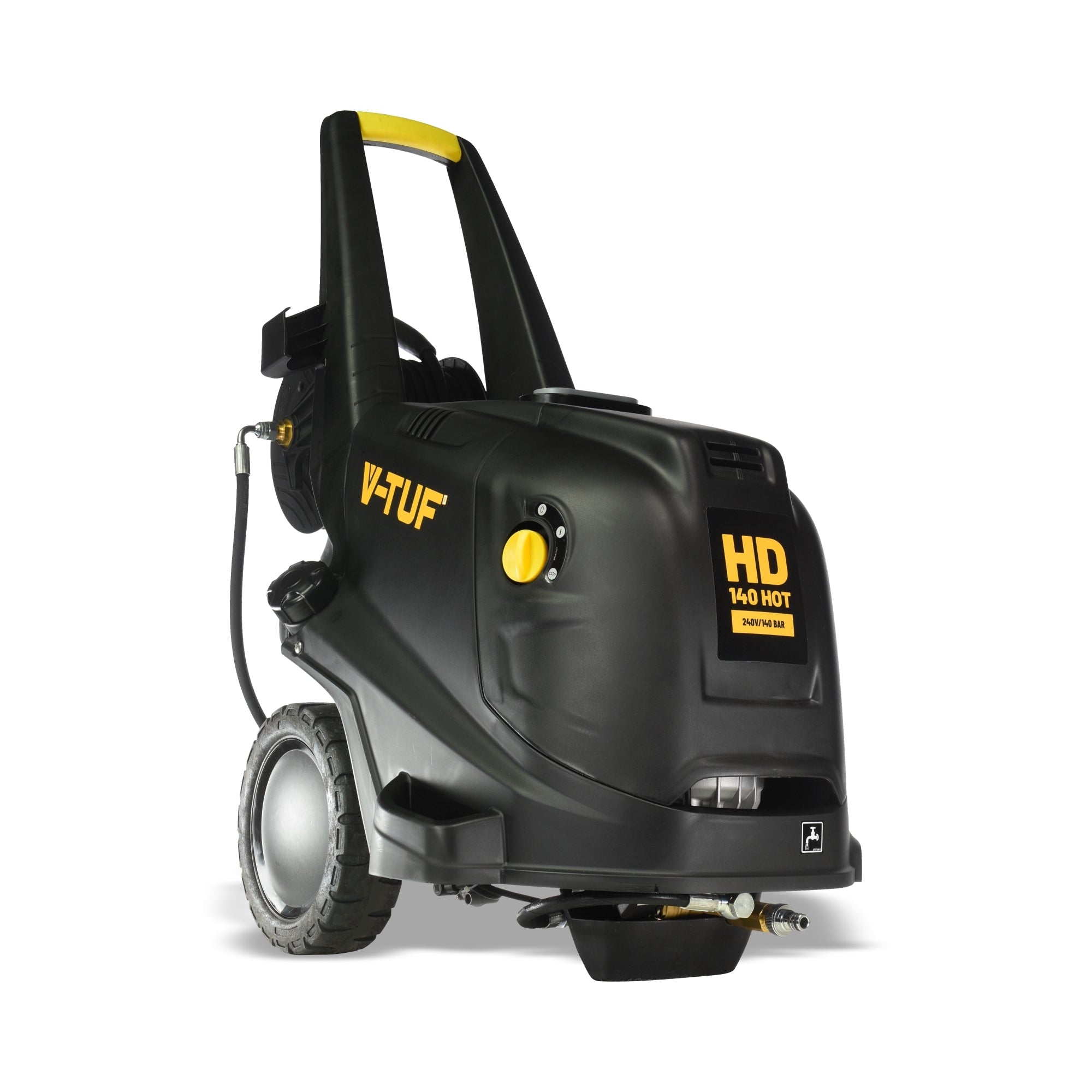 V-TUF HD140HOT-HR rear view showing hot water outlet, hose reel and water inlet