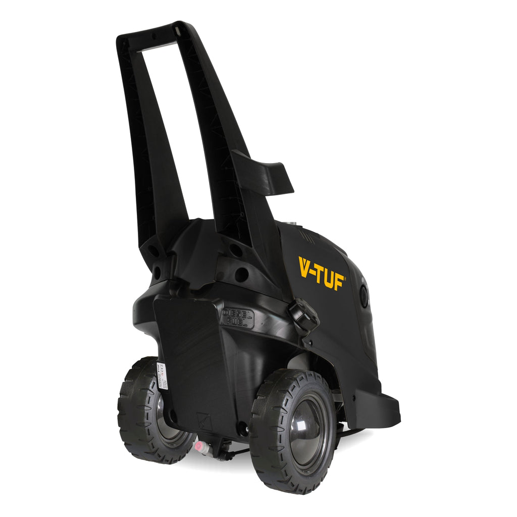 V-TUF HD140HOT pressure washer angled view showing compact chassis and hose storage