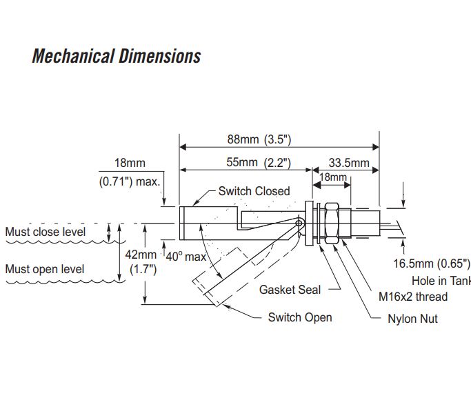 V-TUF float level switch I10.001 installed showing correct internal mount position