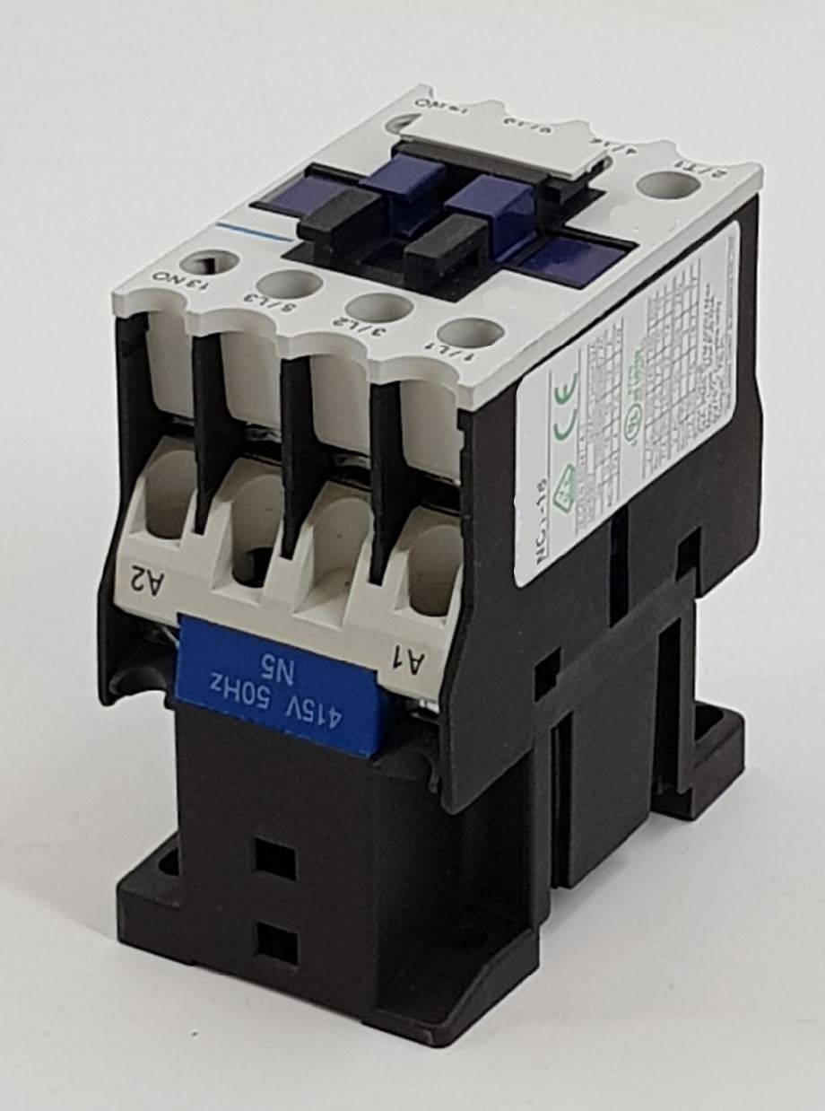 V-TUF contactor close-up showing auxiliary contact block and coil connection terminals