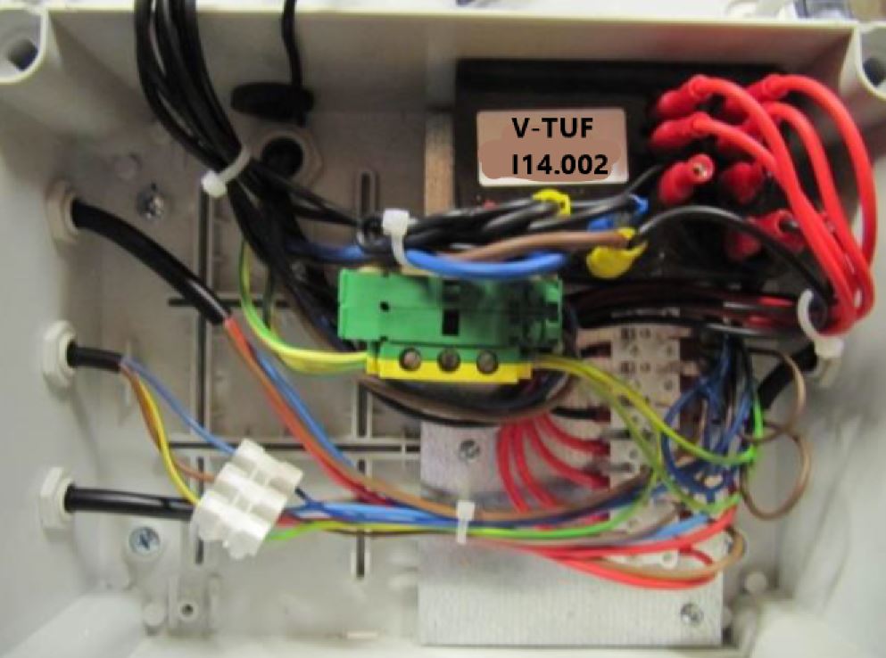 V-TUF 765 control box open view showing internal relay and terminal block
