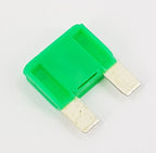 V-TUF I5.011 30A fuse close-up showing green body and spade terminal connections