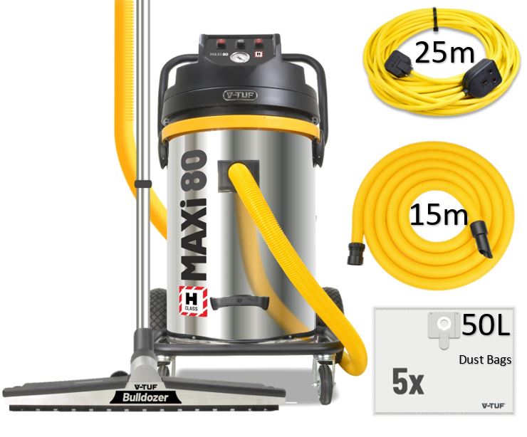 V-TUF MAXi 80L H-Class 240V vacuum MAXIH80240GSC-KIT1 with 450mm bulldozer head and 20m motor saver cable