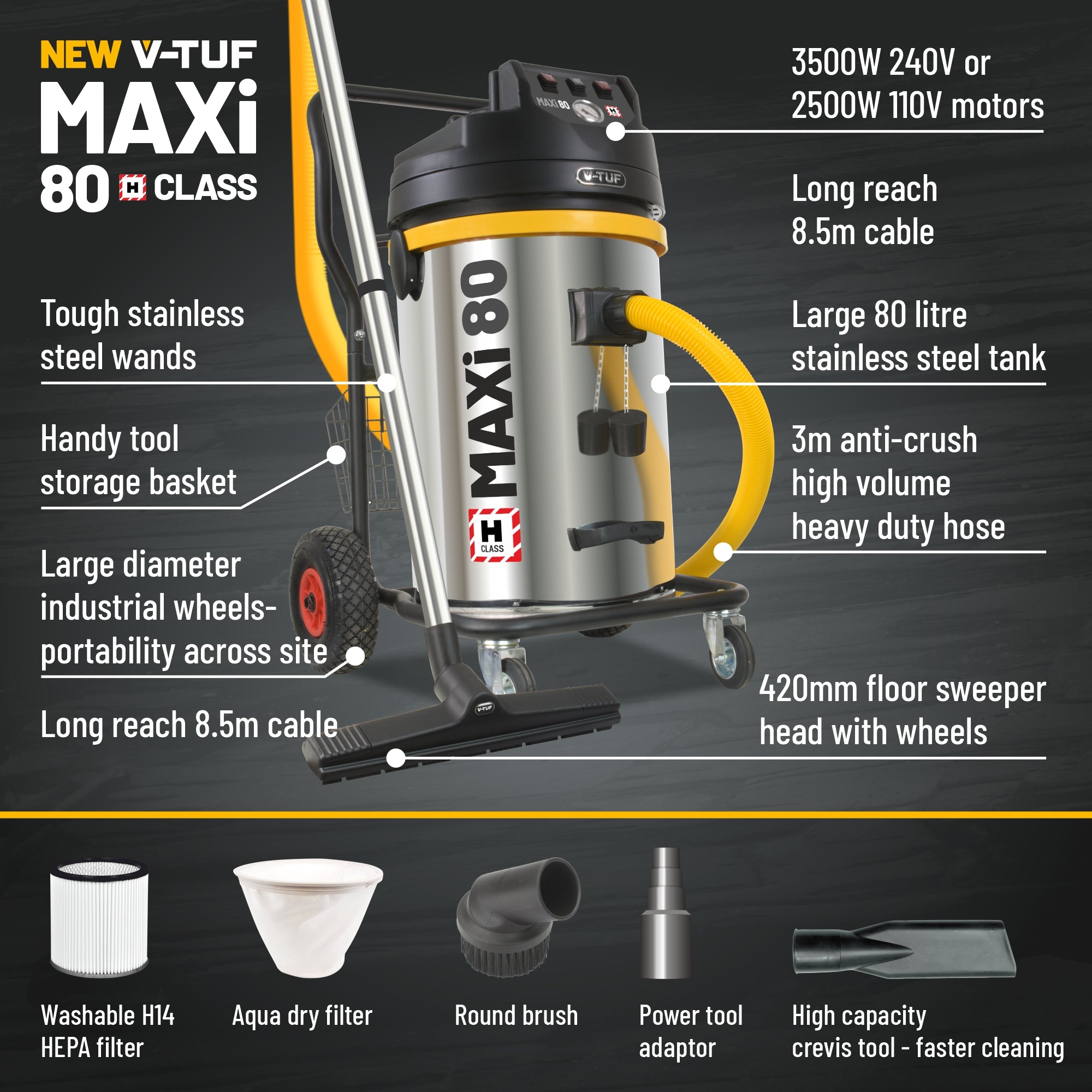 V-TUF MAXi H-Class vacuum close-up showing HEPA filtration and 450mm bulldozer head