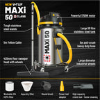 V-TUF MAXIH110-50L vacuum in use showing flexible hose connection and accessory kit