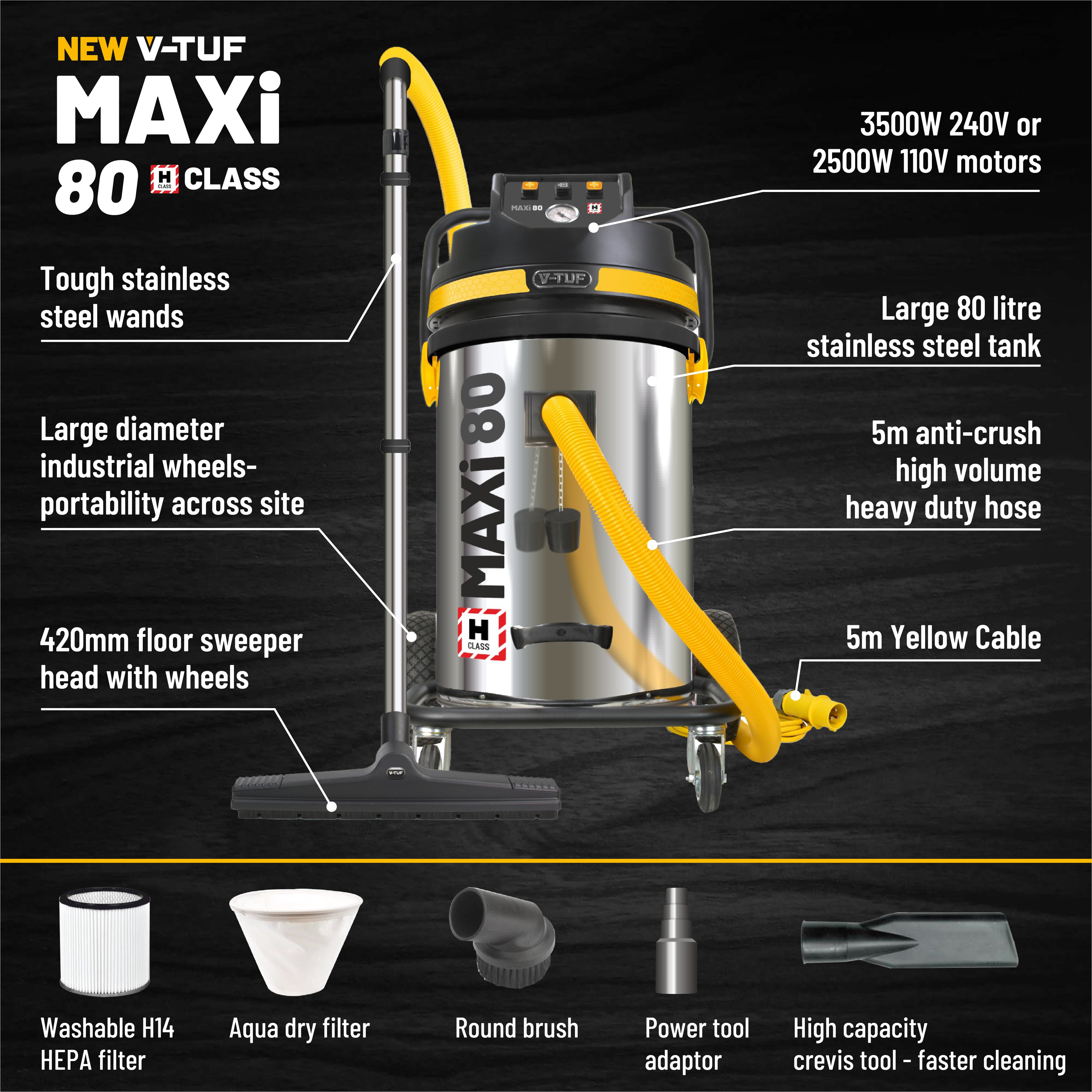 V-TUF MAXi 80L H-Class 110V vacuum MAXIH80110GSC-KIT2 with 600mm floor head and 20m motor saver cable