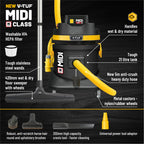 V-TUF MIDI MIDIH110 110v H-class vacuum side profile showing drum and suction hose inlet