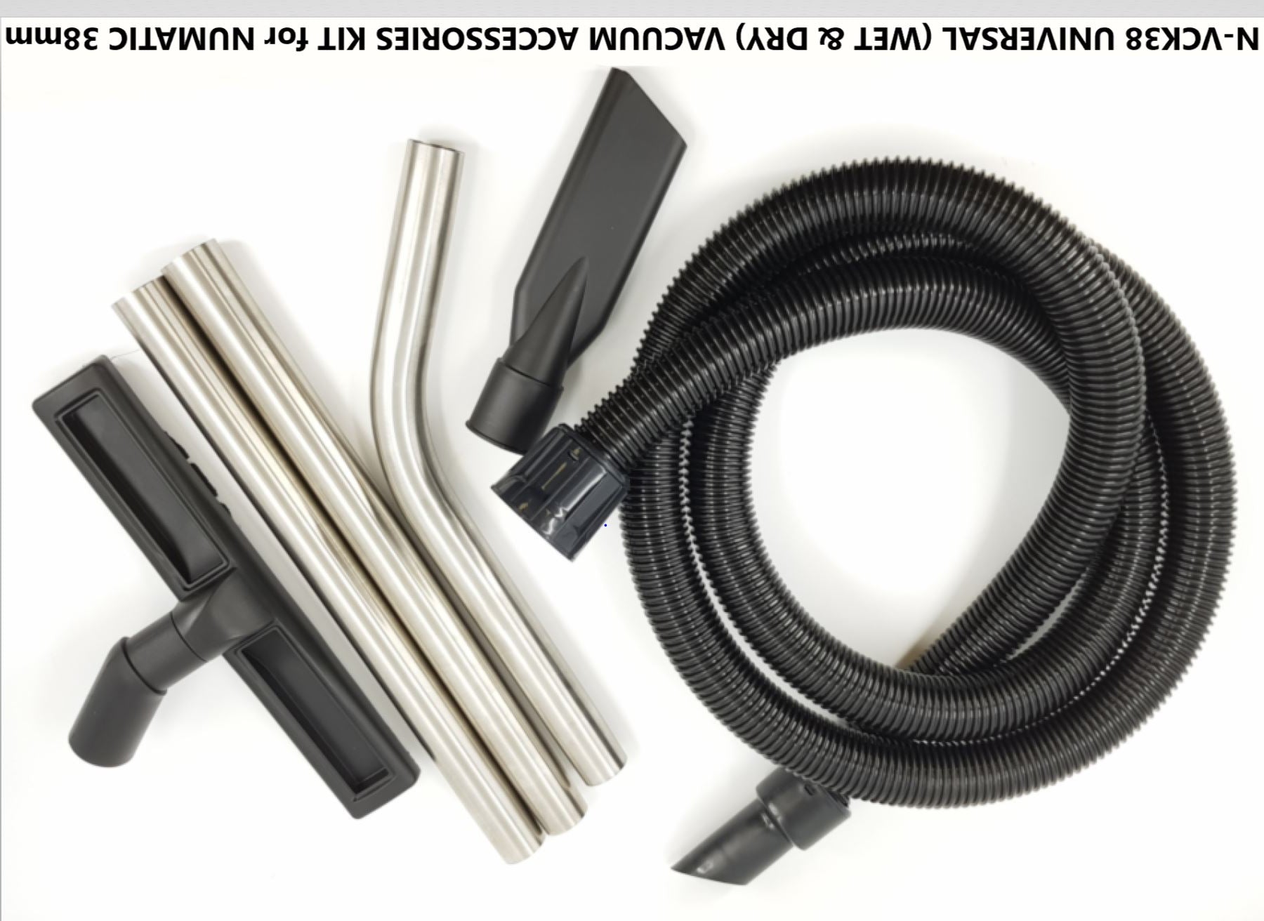 V-TUF N-VCK38 38mm accessory kit laid out showing crevice tool, floor head and extension tubes