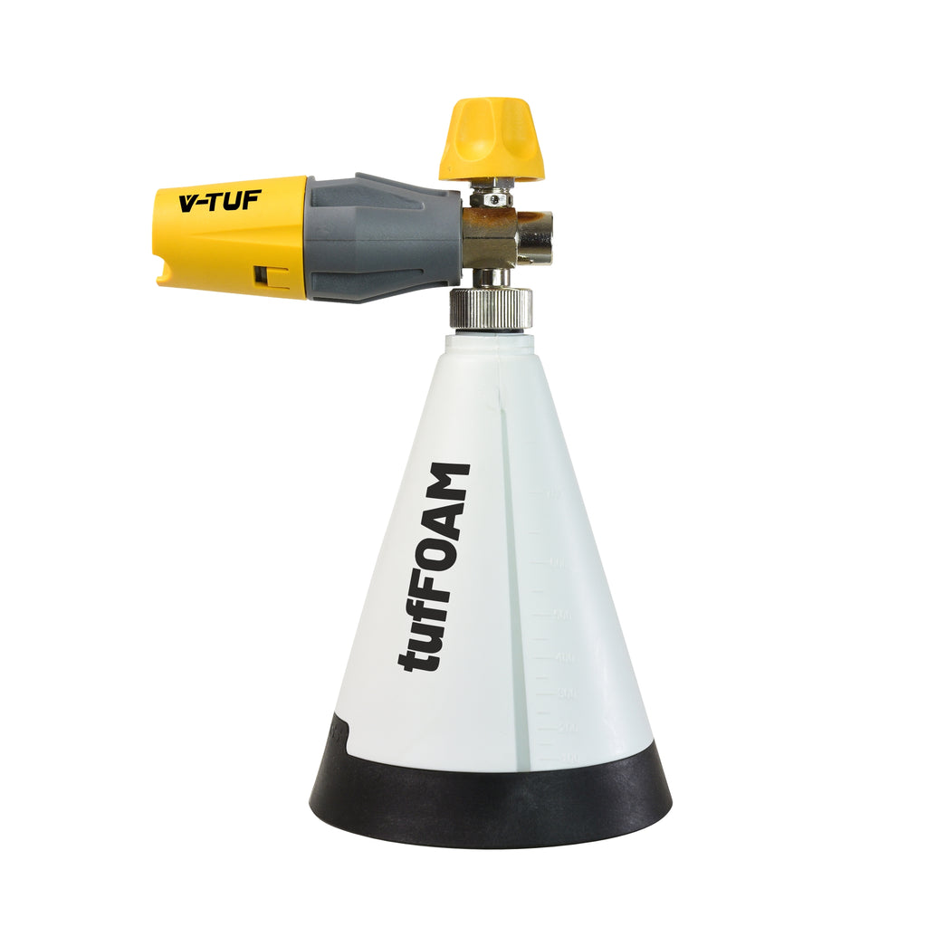 V-TUF OPF074TF foam cannon side view showing 1/4F inlet and 1 litre bottle connection