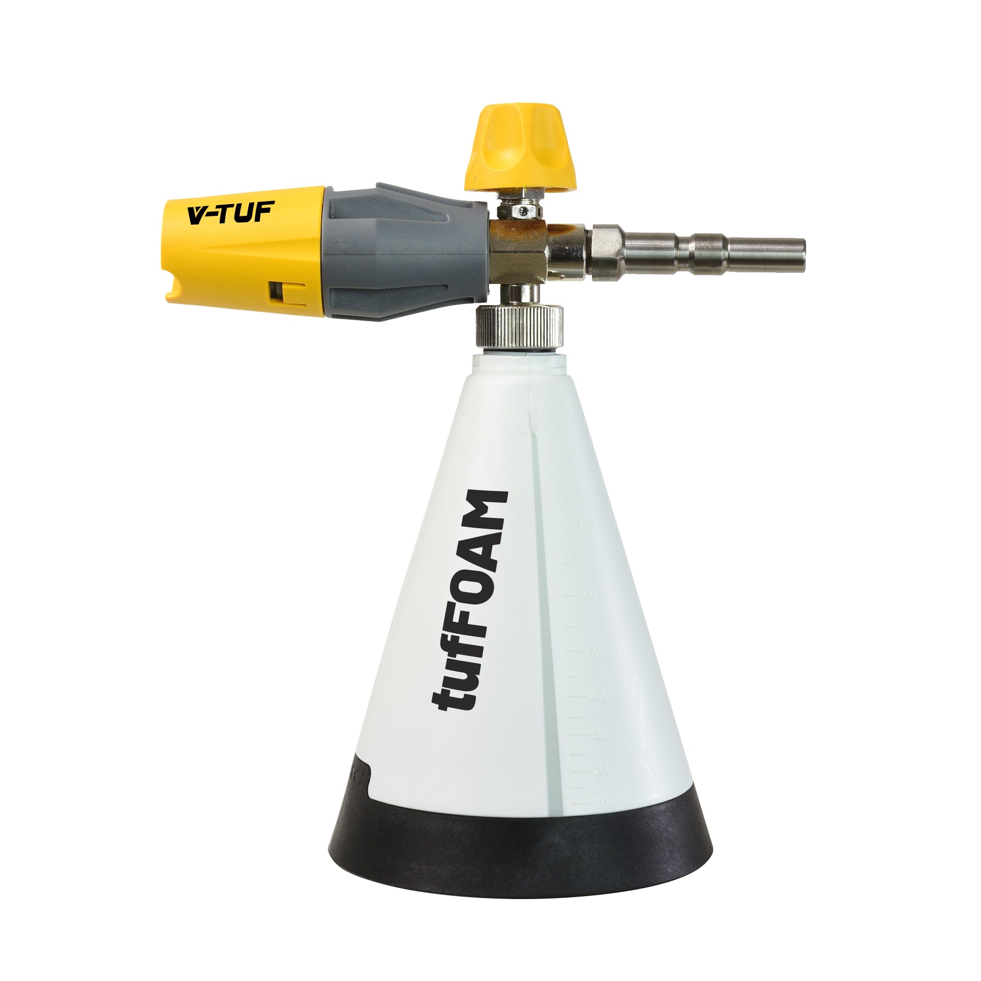 V-TUF OPF075TF foam cannon side view showing KTQ male inlet and 1 litre bottle