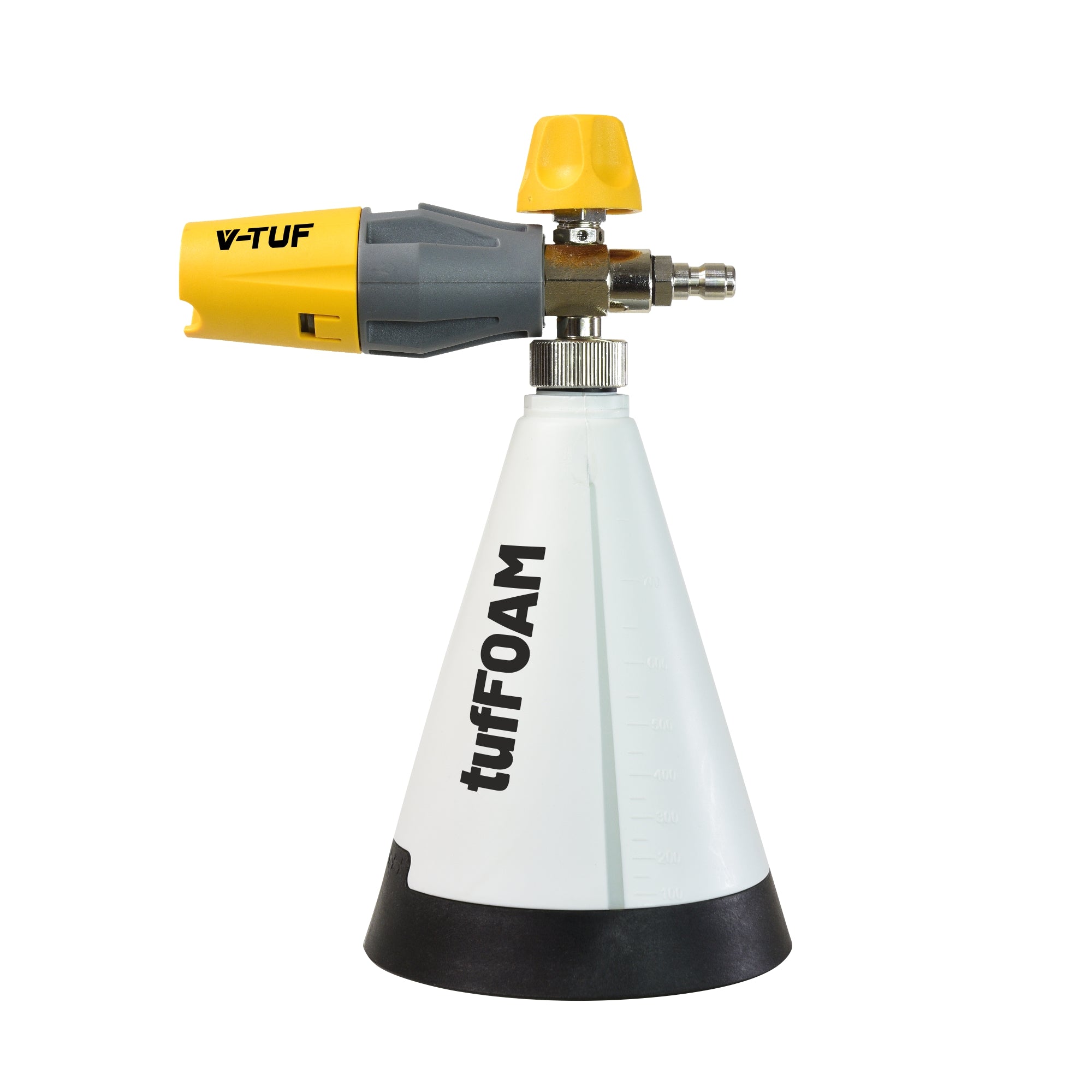 V-TUF OPF076TF foam cannon side view showing SSQ male inlet and 1 litre bottle