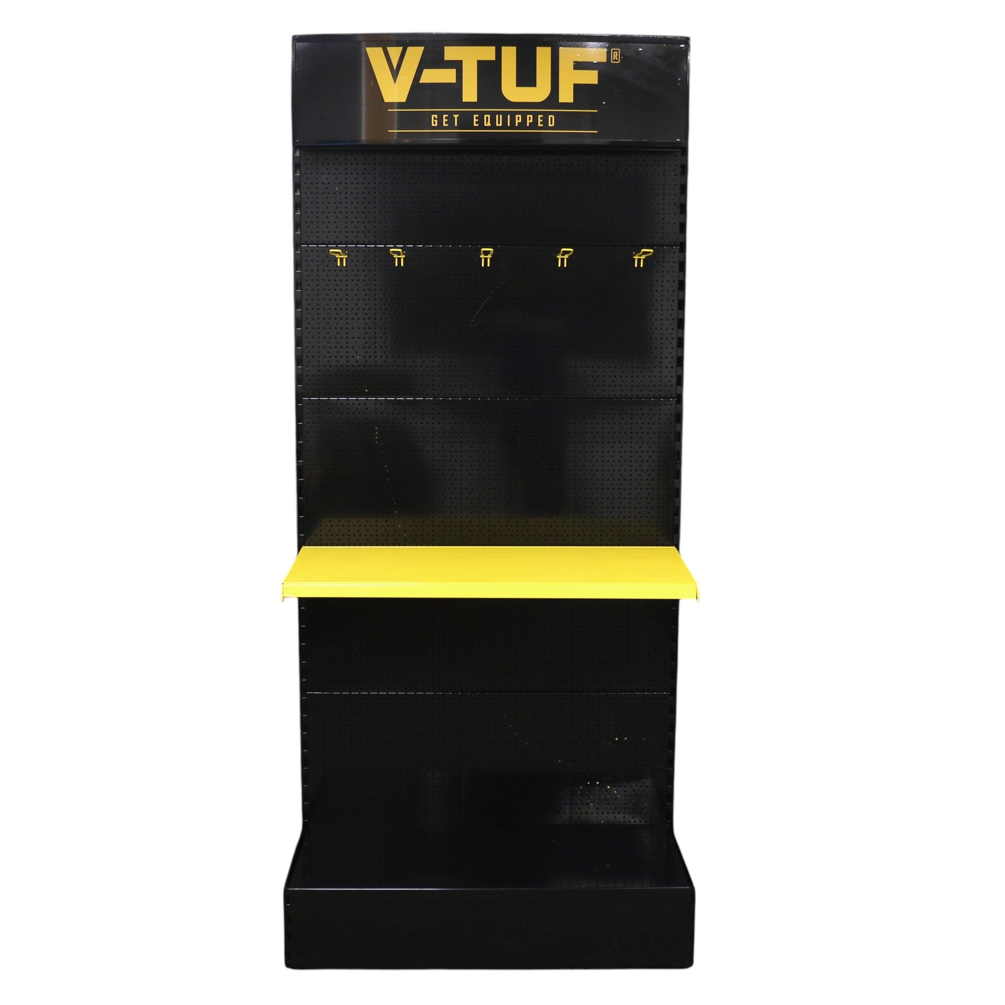 V-TUF POS004 display rack side view showing light box, shelves and euro hook panel
