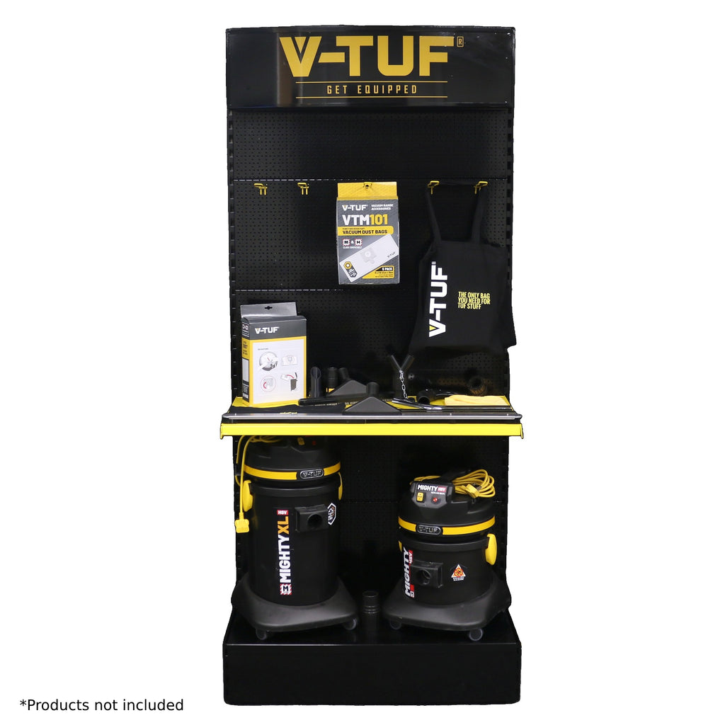 V-TUF POS004 metal rack rear view showing frame structure and light box wiring
