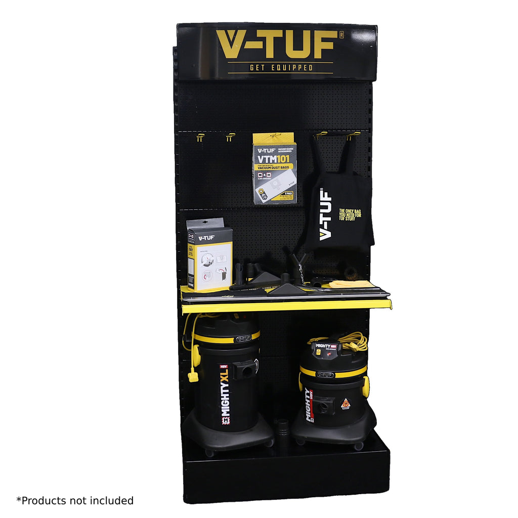 V-TUF display rack POS004 in use showing V-TUF products displayed on shelves and hooks
