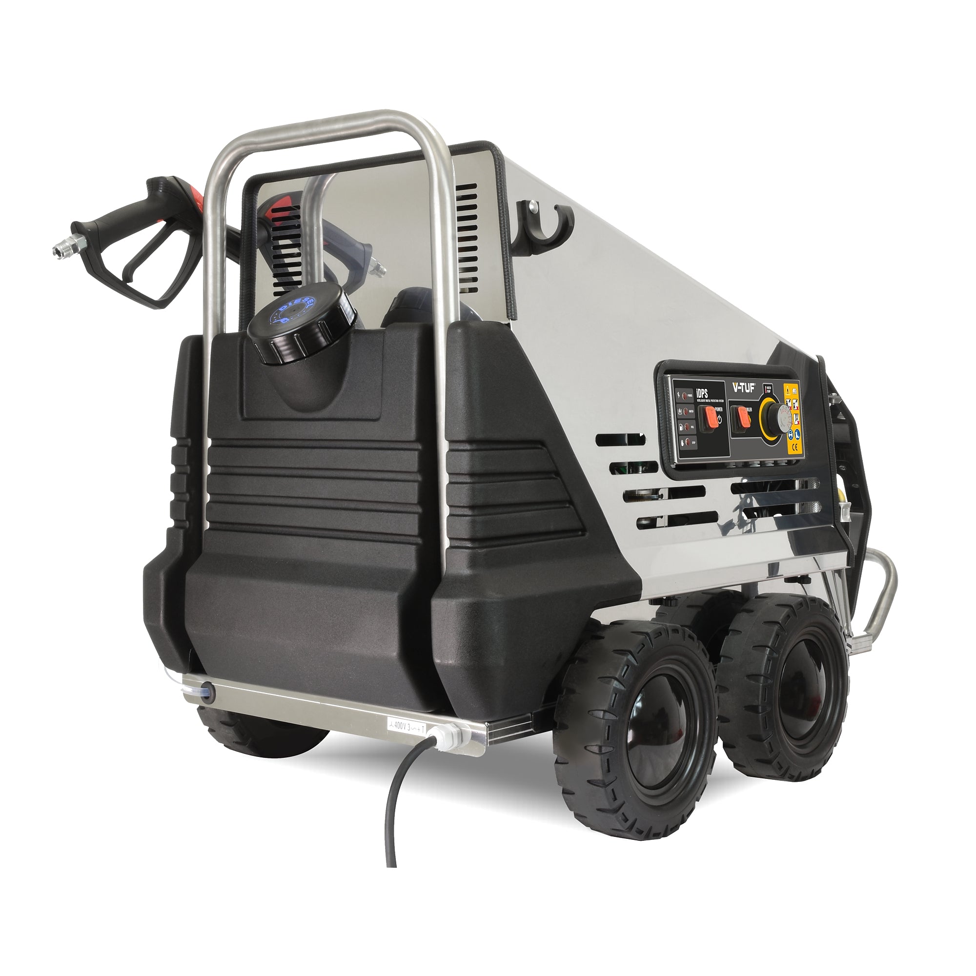 V-TUF RAPID VTS1210HPC-DCP mobile hot washer side view showing dual chemical pick-up system