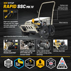 V-TUF RAPID SSC All-Stainless Industrial Mobile Pressure Washer - 1500psi, 100Bar, 12L/min (with Total Stop) - 240V Mains