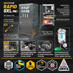 V-TUF RAPIDSXL110 hot washer side view showing stainless cabinet and burner assembly