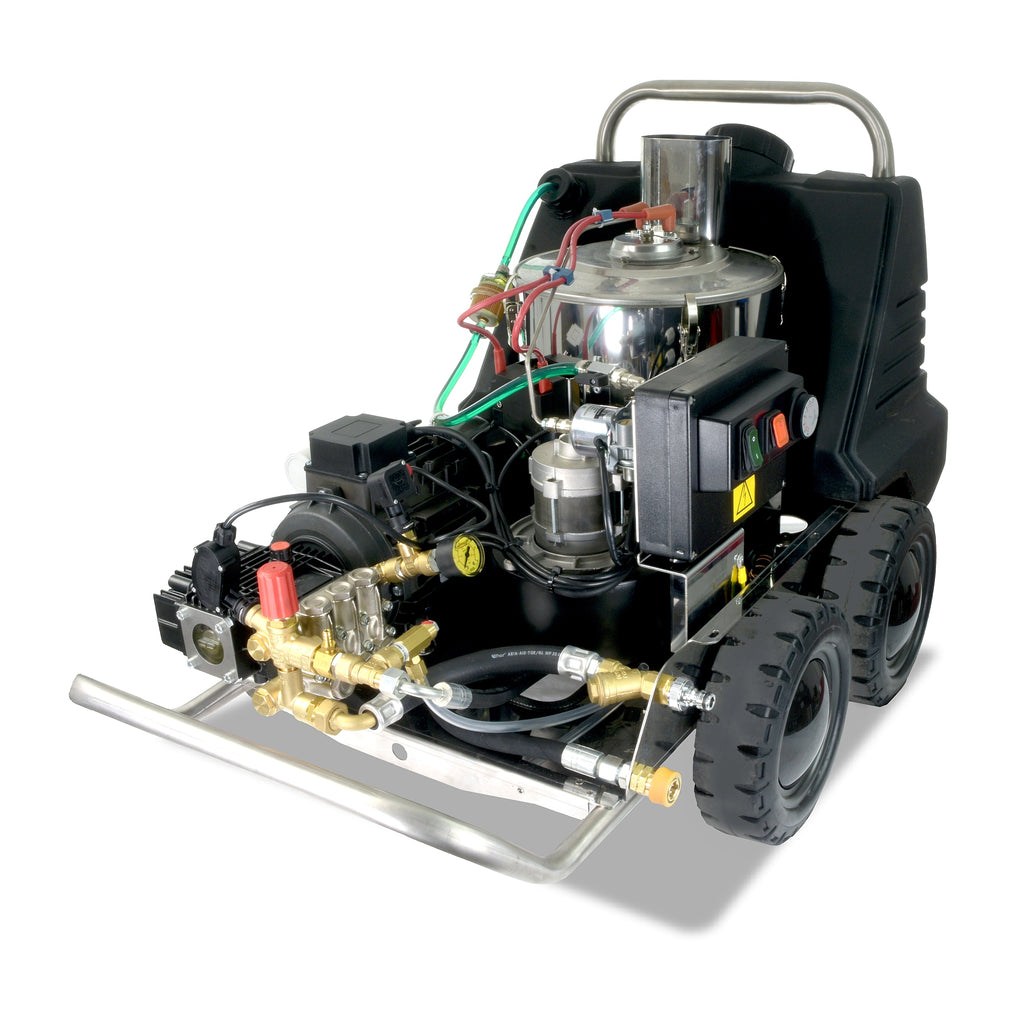 V-TUF RAPID VSC hot water washer angled rear view showing fuel tank and burner stack