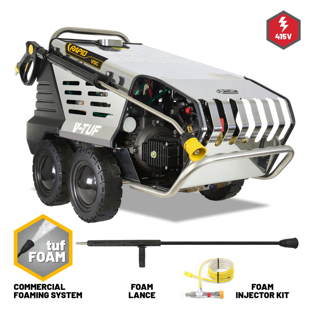 V-TUF RAPID VSC Hot Water Stainless Industrial Mobile Pressure Washer with Commercial Foam System - 2200psi, 150Bar, 15L/min - 415V 3-Phase