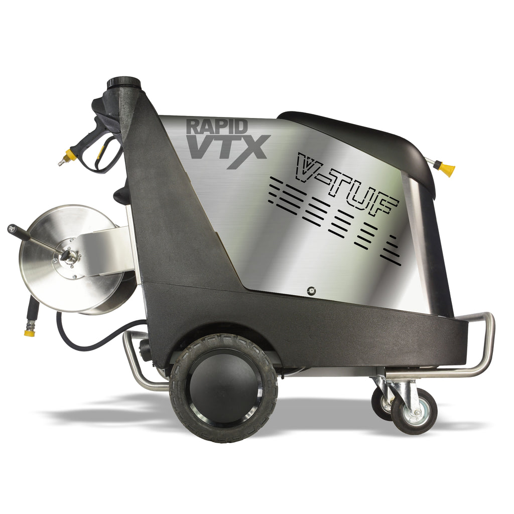 V-TUF RAPIDVTX240HR side view showing stainless cabinet, 30m hose reel and hot water system