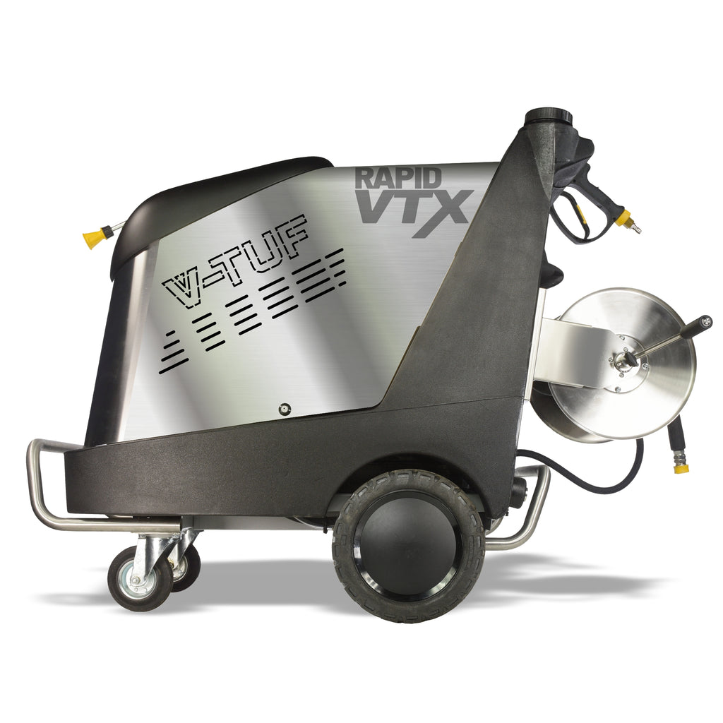 V-TUF RAPID VTX stainless hot washer hose reel detail showing 30m retractable reel
