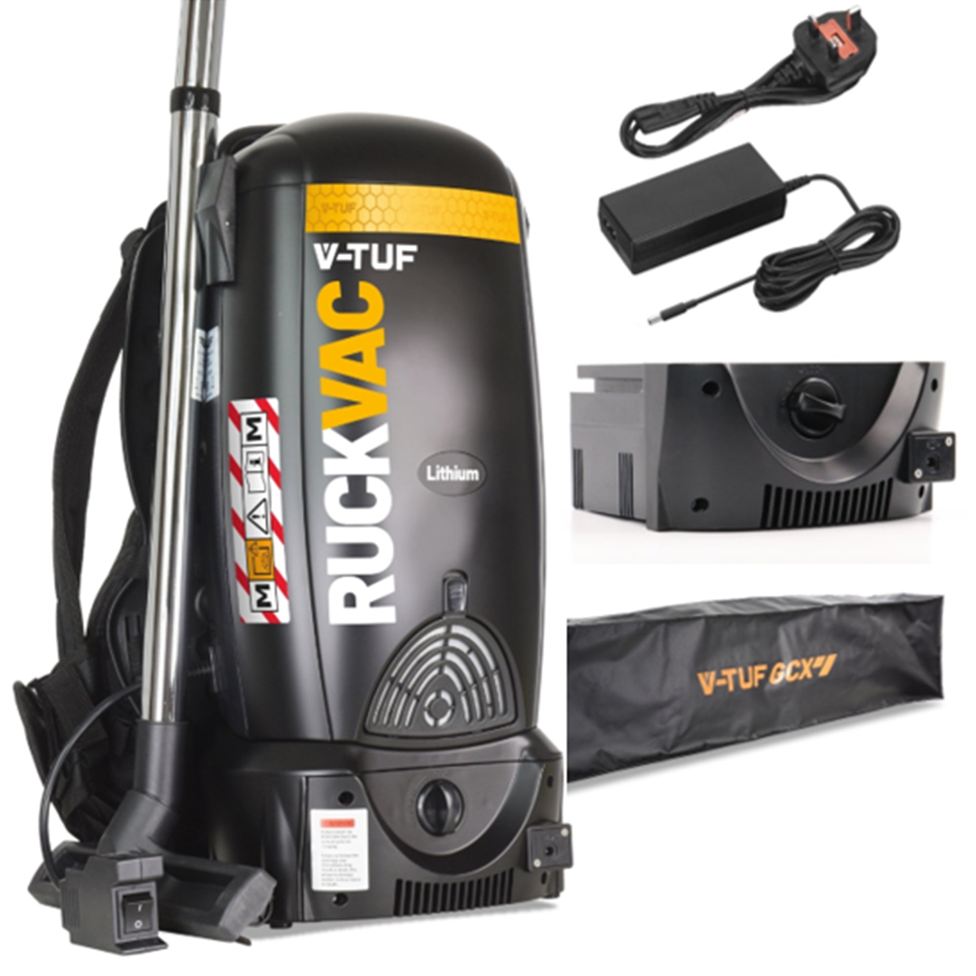 V-TUF RUCKVAC-ION-KIT5 cordless backpack vacuum with extra battery pack, charger and holdall