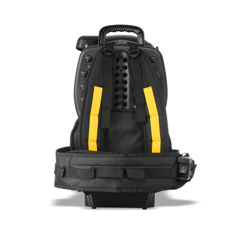 V-TUF RUCKVAC-ION cordless backpack vacuum, yellow body, H13 HEPA M-class, being worn
