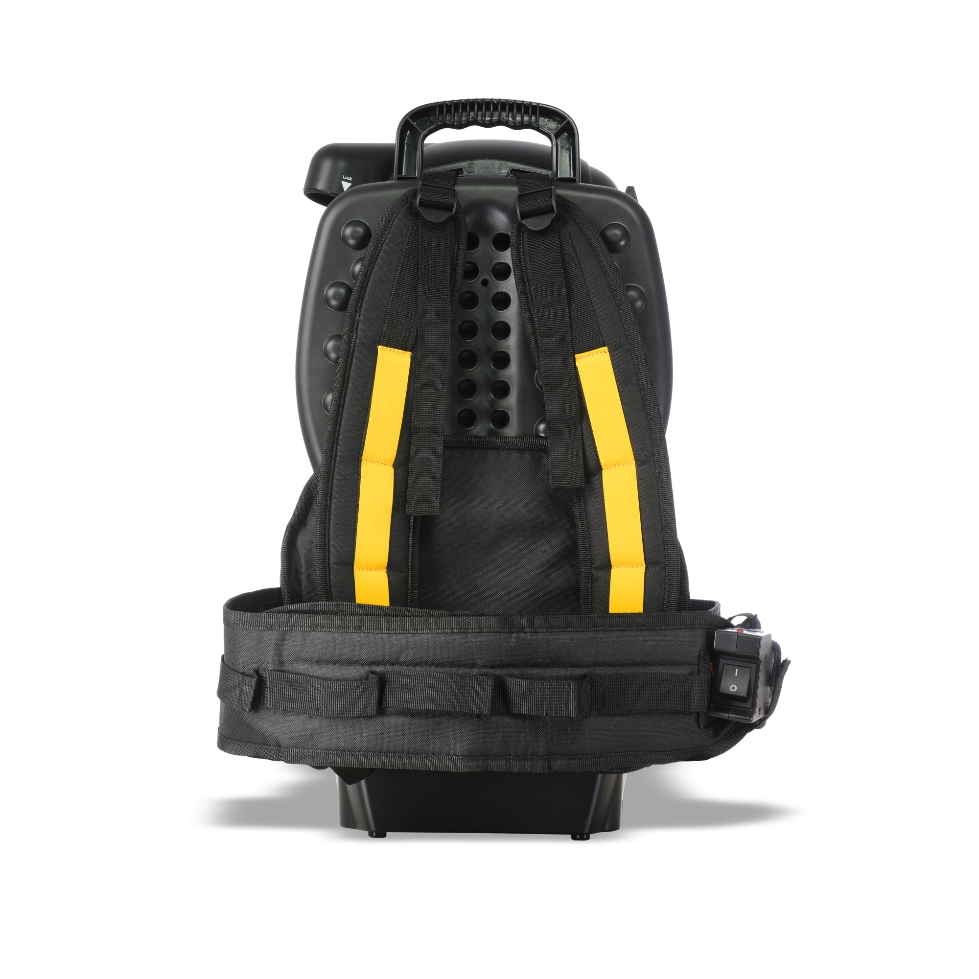 V-TUF RUCKVAC-ION cordless backpack vacuum, yellow body, H13 HEPA M-class, being worn