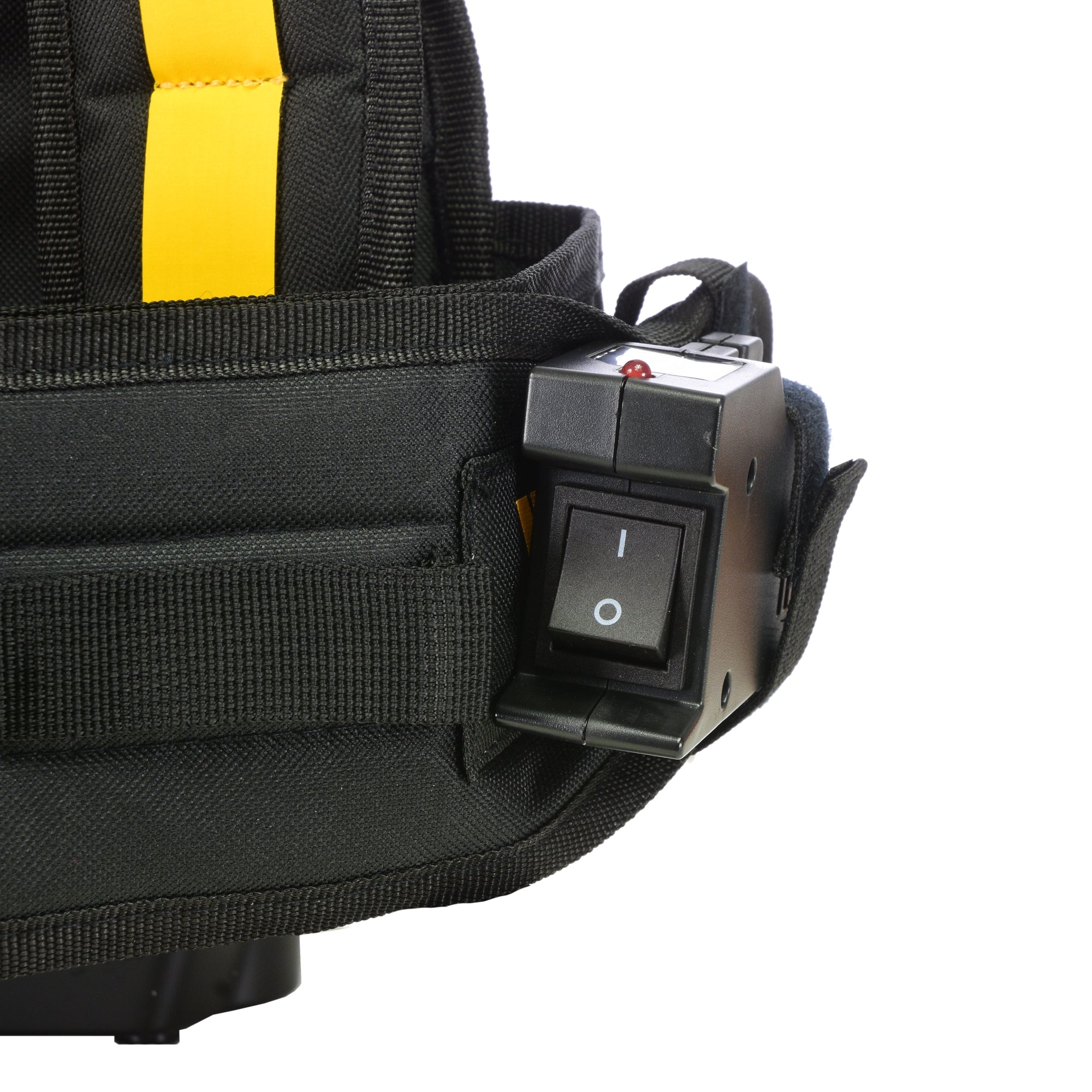 V-TUF RUCKVAC-ION backpack vacuum side profile showing battery pack and flexible hose