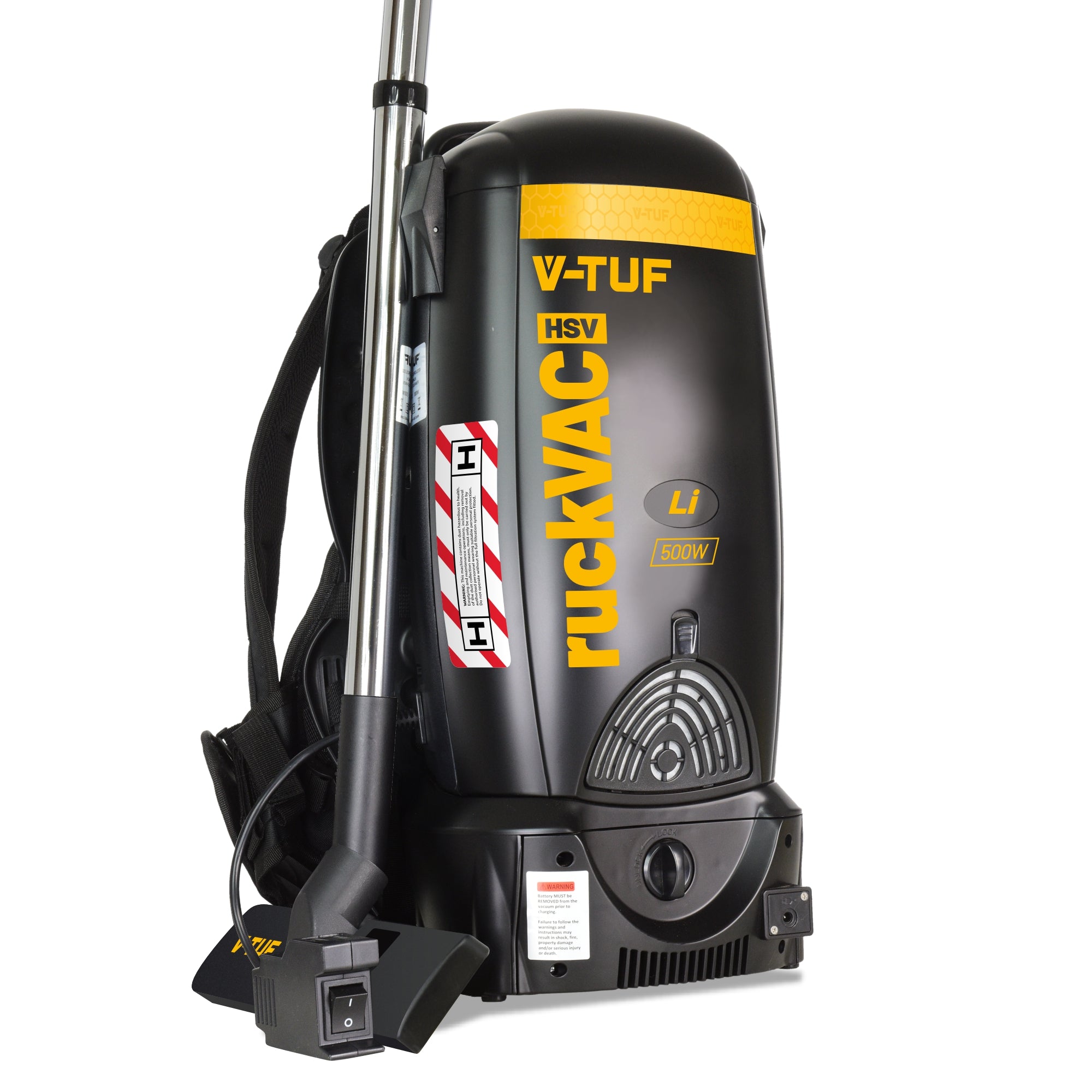V-TUF RUCKVAC HSV lithium H-Class backpack vacuum in use showing lung-safe H-Class filtration