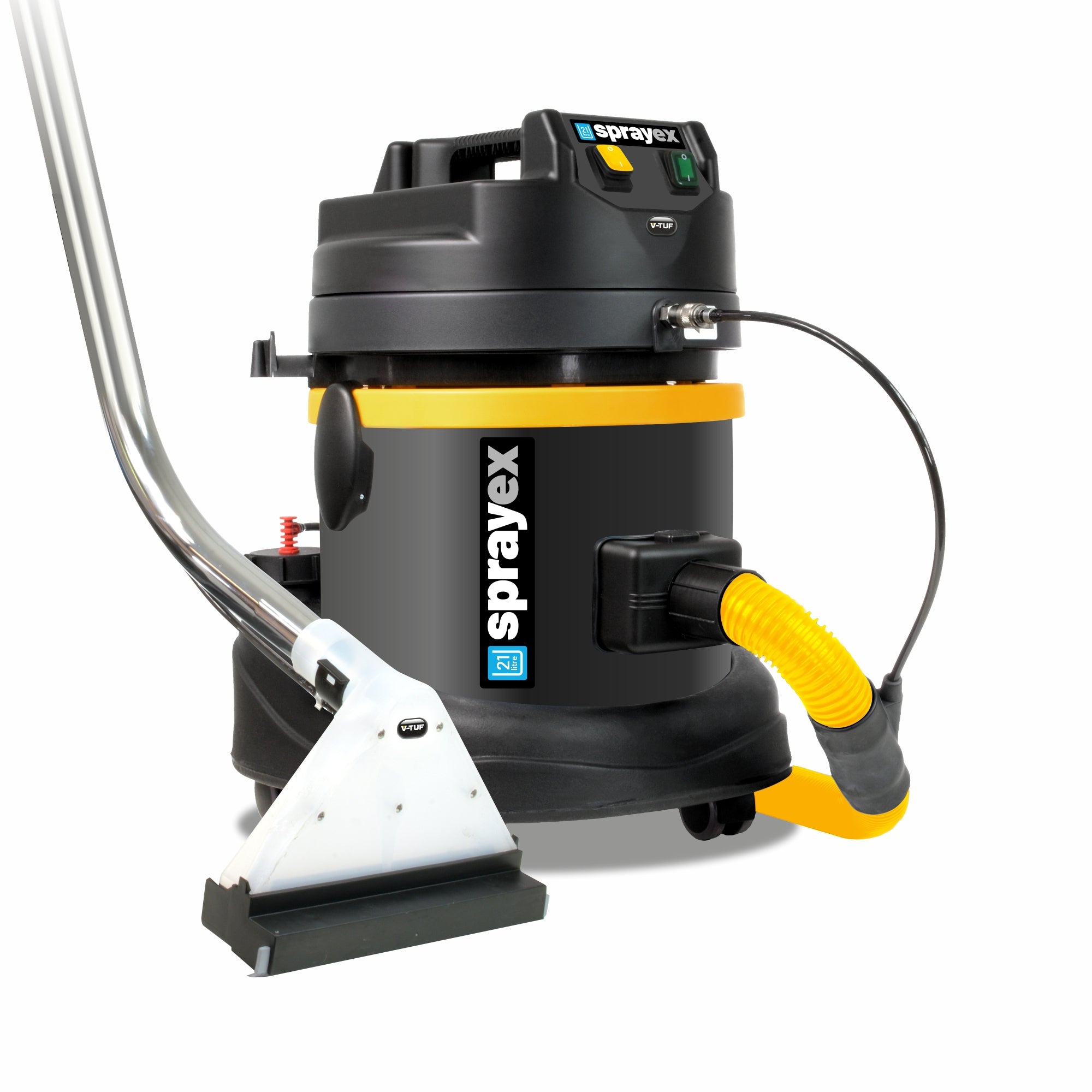 V-TUF SPRAYEX HDC240 carpet cleaner side view showing handle, controls and 21L tank