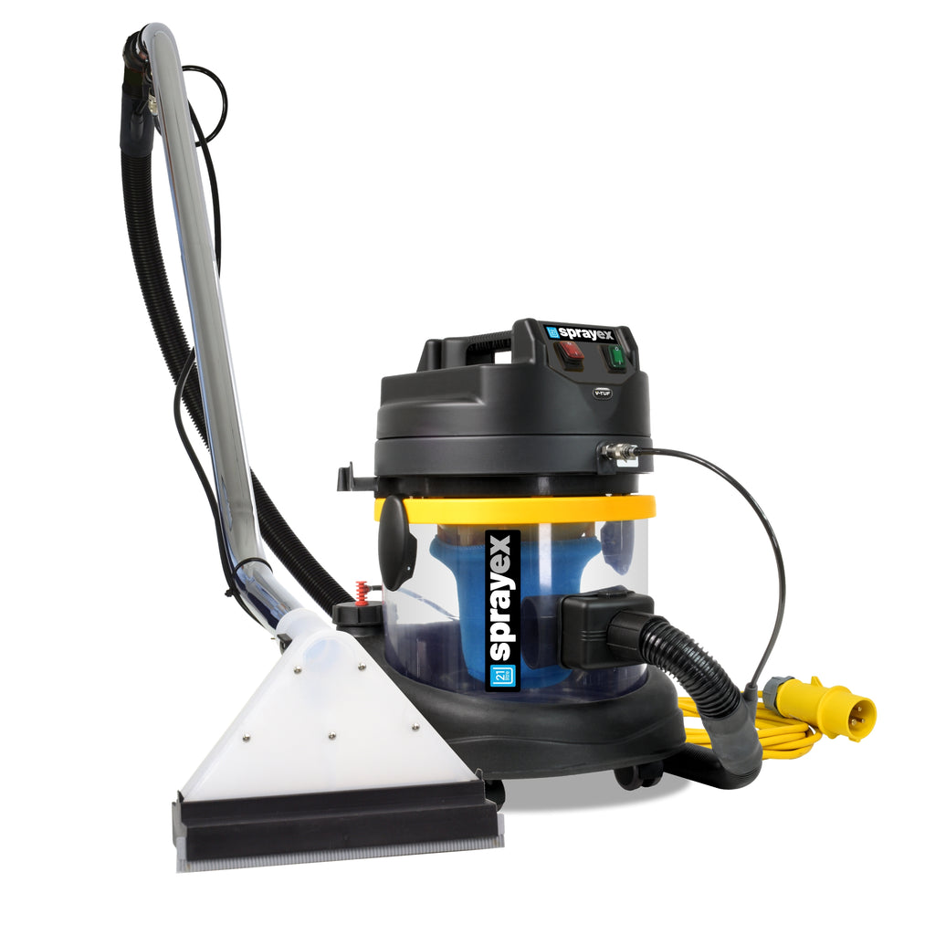 V-TUF SPRAYEX HDC110 carpet cleaner side view showing hose reel and tool storage